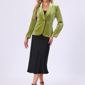 Solid Shawl Collar Single Button Velvet Blazer Green Yellow/L - Allegra K catalog