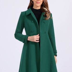 Winter Overcoat Collared A Line Double Breasted Long Coat Dark Green/M - Allegra K catalog