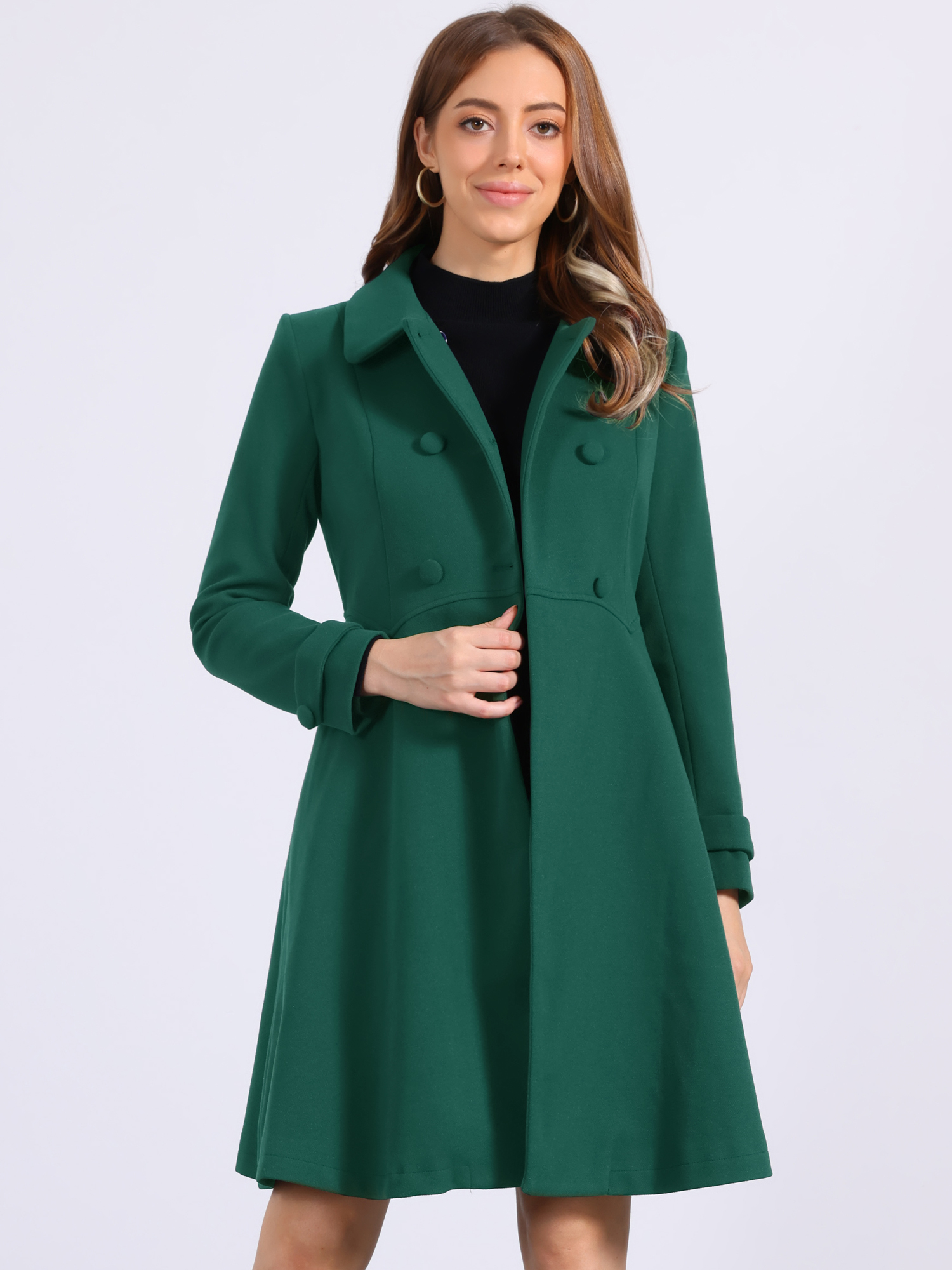 Winter Overcoat Collared A Line Double Breasted Long Coat Dark Green/L - Allegra K catalog