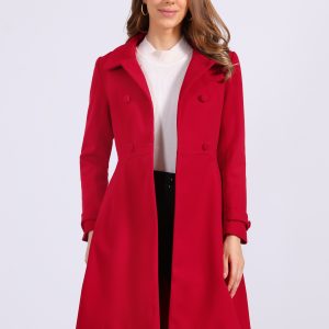 Winter Overcoat Collared A Line Double Breasted Long Coat Red/L - Allegra K catalog