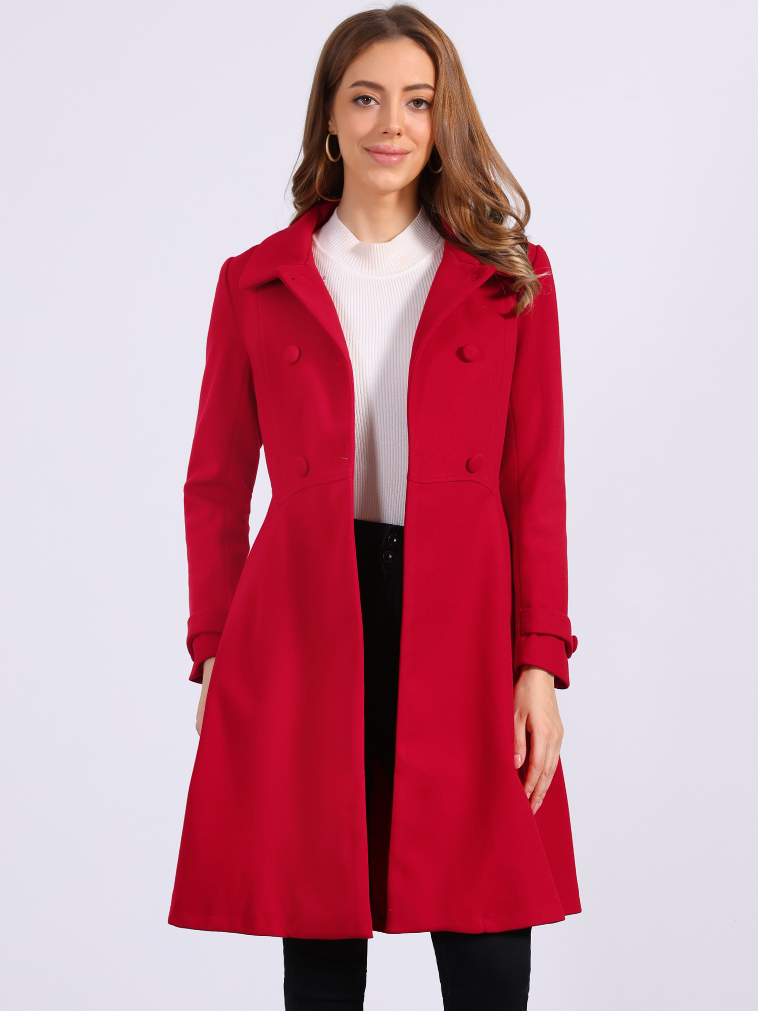Winter Overcoat Collared A Line Double Breasted Long Coat Red/XL - Allegra K catalog