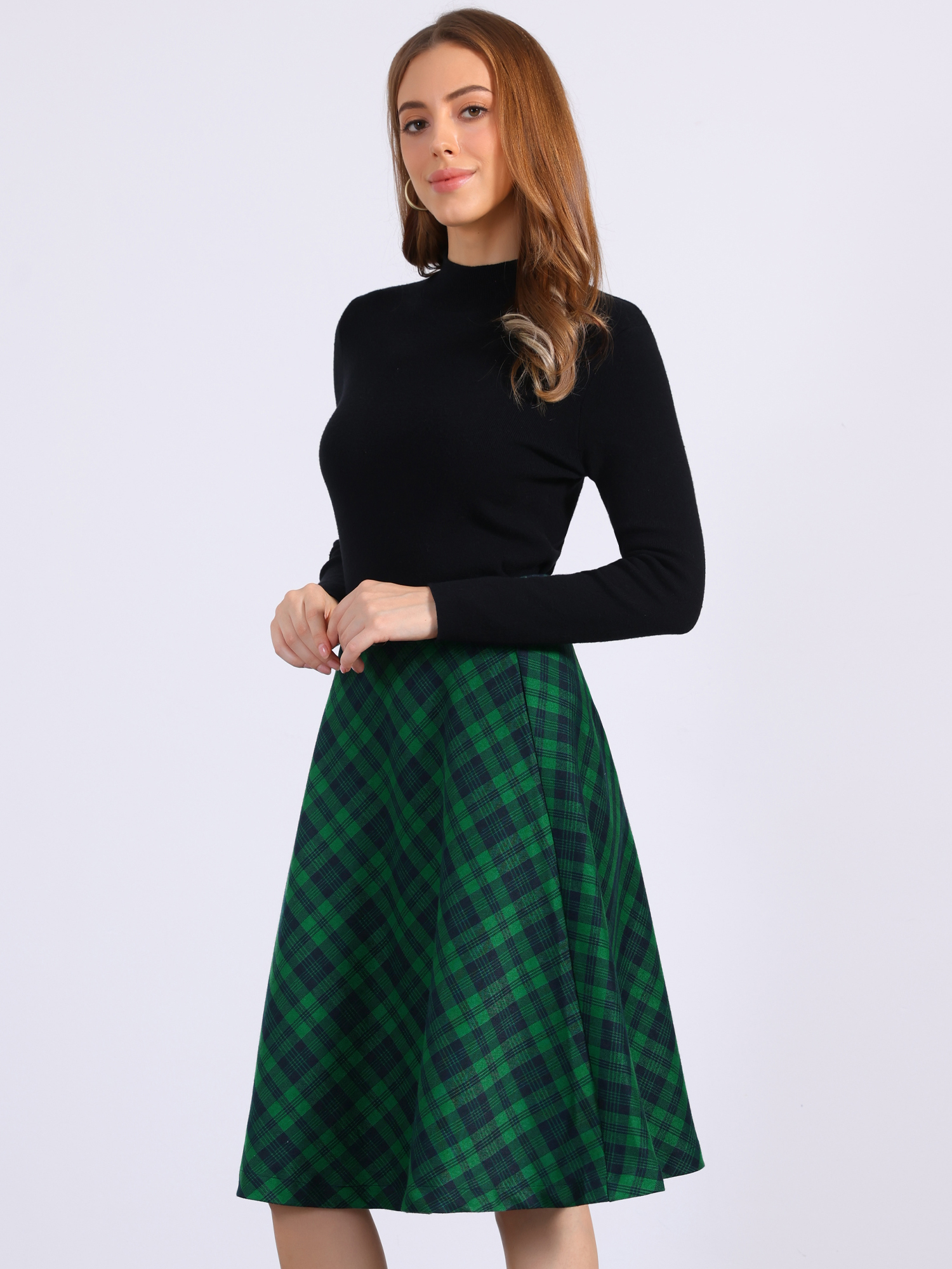 Christmas Tartan Plaid High Waist Belted Vintage A-Line Midi Skirt Dark Green/XL - Allegra K catalog