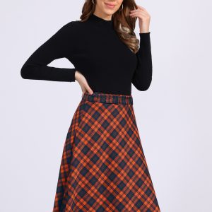 Christmas Tartan Plaid High Waist Belted Vintage A-Line Midi Skirt Orange/XS - Allegra K catalog