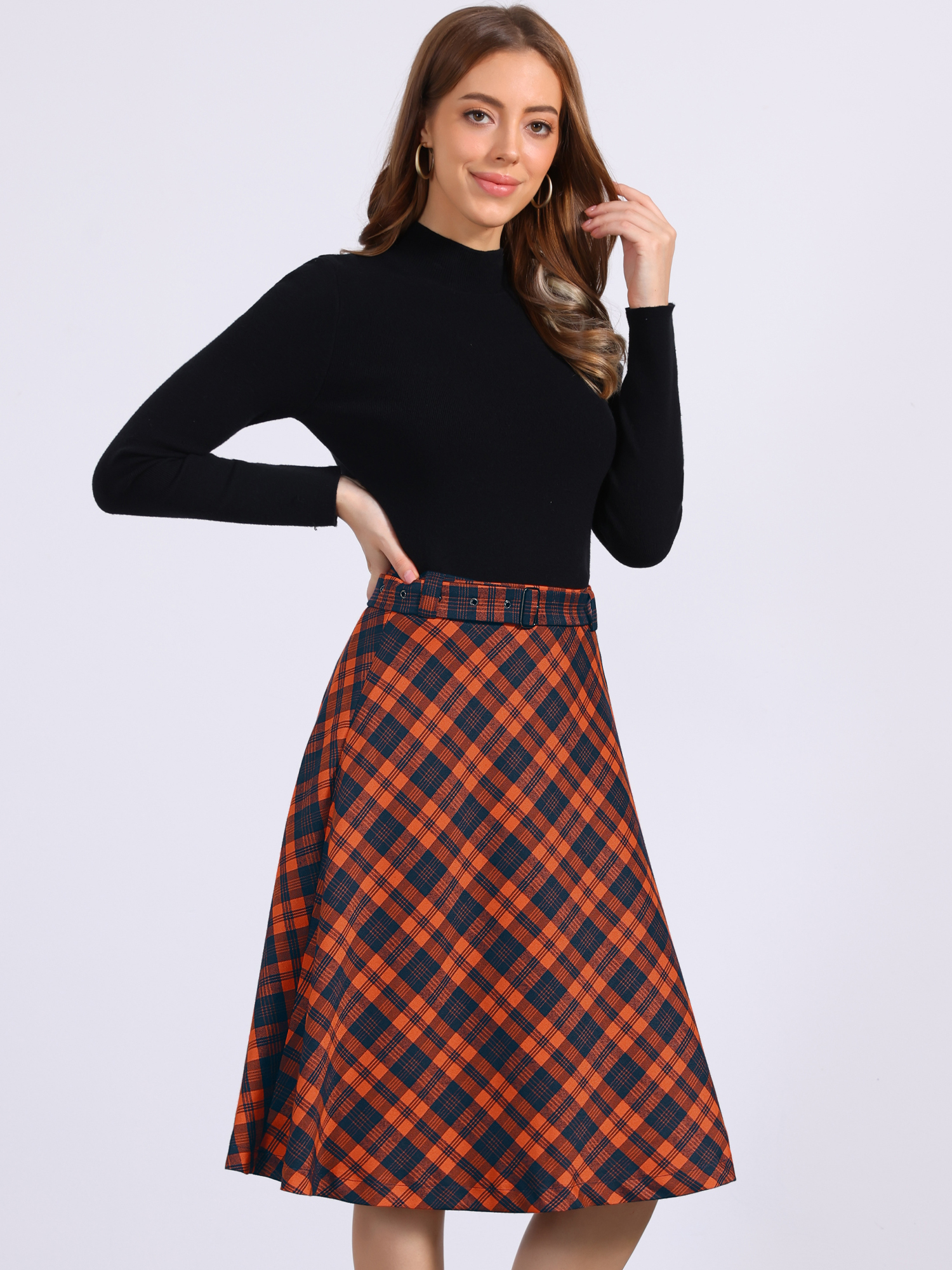 Christmas Tartan Plaid High Waist Belted Vintage A-Line Midi Skirt Orange/XS - Allegra K catalog
