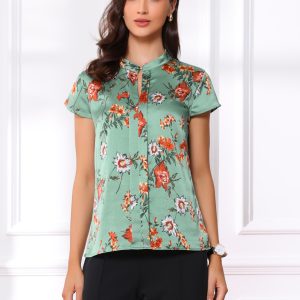 Satin Work Floral Vintage Stand Collar Cap Sleeve Blouse Gray Green/L - Allegra K catalog