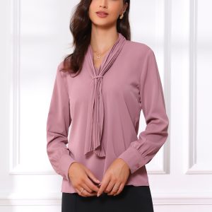 Long Sleeve Chiffon Pleated Tie Neck Office Blouse Lavender Pink/M - Allegra K catalog