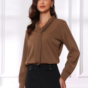 Long Sleeve Chiffon Pleated Tie Neck Office Blouse Coffee/XS - Allegra K catalog