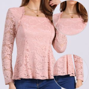 Lace Square Neck Long Sleeve Stertch Peplum Blouse Pink/M - Allegra K catalog