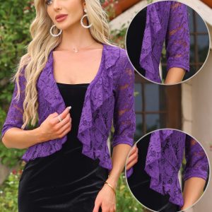 Lace Sheer 3/4 Sleeve Ruffle Hem Open Front Bolero Shrug Purple/XL - Allegra K catalog