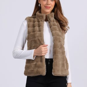 Fluffy Vest Jacket Stand Collar Sleeveless Faux Fur Coat Khaki/M - Allegra K catalog