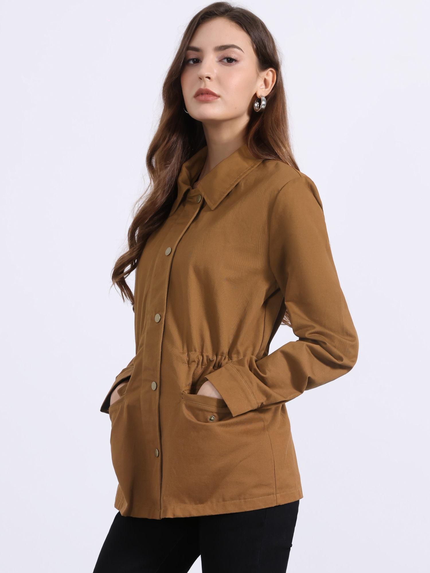 Drawstring Waist Flap Pocket Lightweight Utility Safari Jacket Caramel/2XL - Allegra K catalog