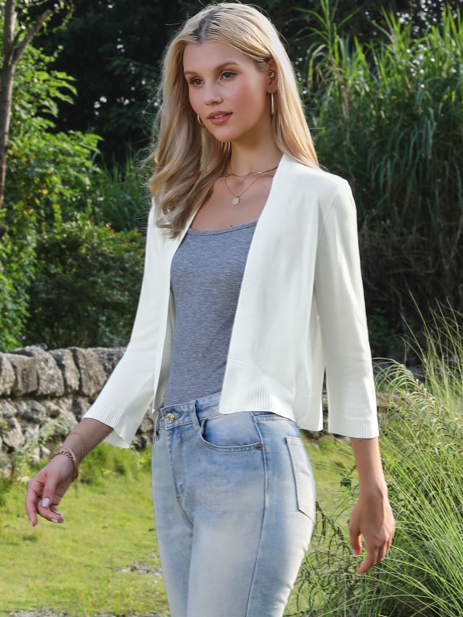 3/4 Sleeve Open Front Knitted Cropped Cardigan White/S - Allegra K catalog