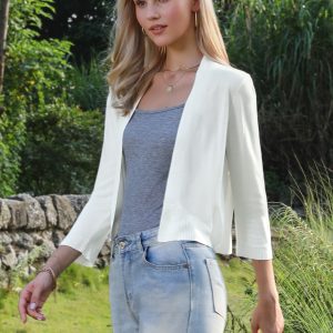 3/4 Sleeve Open Front Knitted Cropped Cardigan White/M - Allegra K catalog