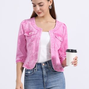 Denim Collarless Pockets 3/4 Sleeve Feminine Style Jacket Washed Pink/L - Allegra K catalog