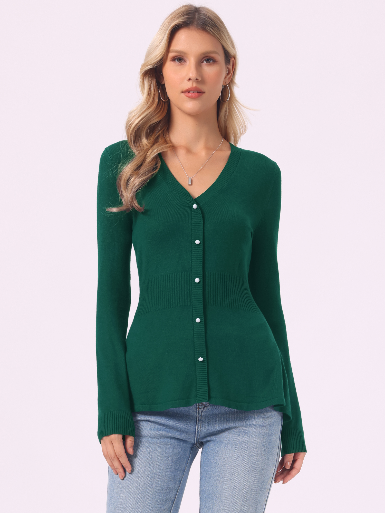 V Neck Long Sleeve Ribbed Pullover Knitted Peplum Top Green/S - Allegra K catalog
