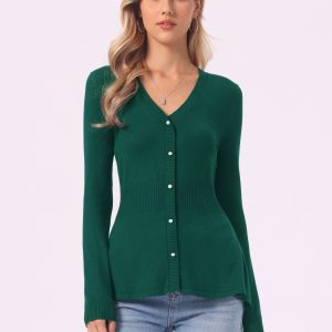 V Neck Long Sleeve Ribbed Pullover Knitted Peplum Top Green/M - Allegra K catalog