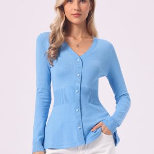 V Neck Long Sleeve Ribbed Pullover Knitted Peplum Top Sky Blue/XL - Allegra K catalog
