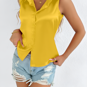 Satin Solid Color Sleeveless Button Down Blouse Yellow/XL - Allegra K catalog