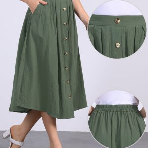 A-Line Elastic Waist Button Front Pocketed Midi Skirt Army Green/M - Allegra K catalog