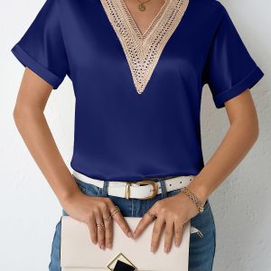 Lace Trim V Neck Satin Short Sleeves Blouse Blue/L - Allegra K catalog