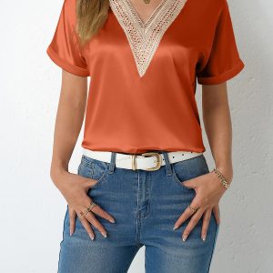 Lace Trim V Neck Satin Short Sleeves Blouse Orange/M - Allegra K catalog