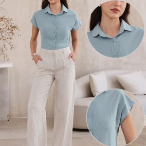 Cotton Linen Button Down Short Sleeve Shirt Light Blue/S - Allegra K catalog