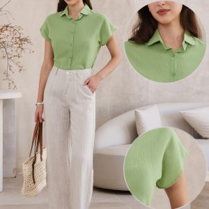 Cotton Linen Button Down Short Sleeve Shirt Green/S - Allegra K catalog