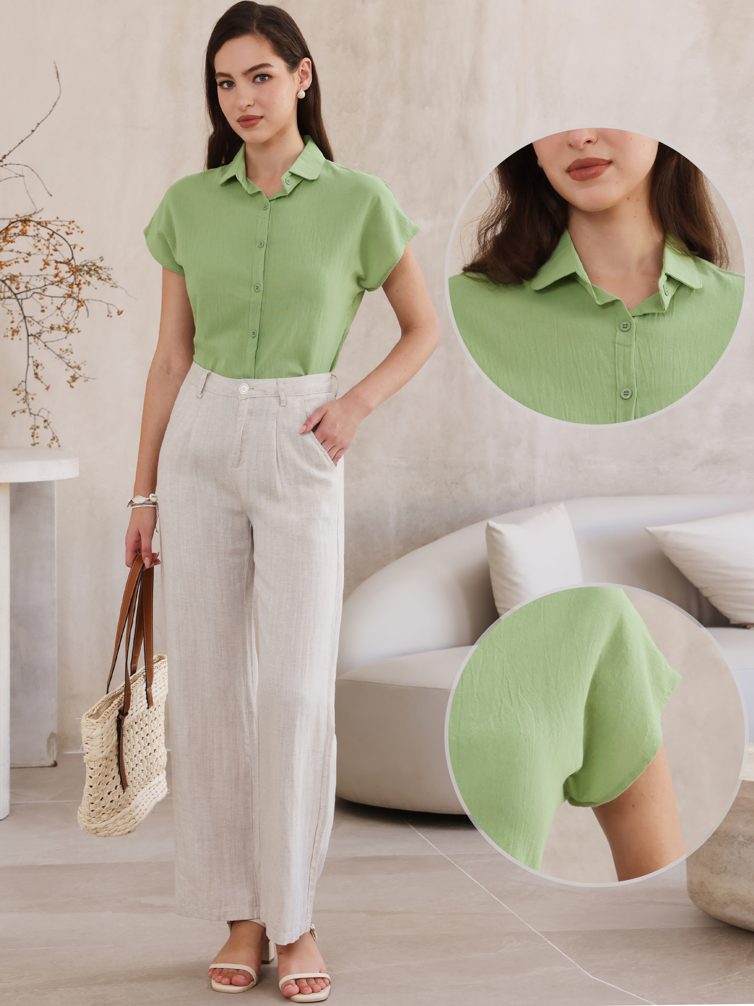 Cotton Linen Button Down Short Sleeve Shirt Green/S - Allegra K catalog