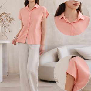 Cotton Linen Button Down Short Sleeve Shirt Pink/L - Allegra K catalog