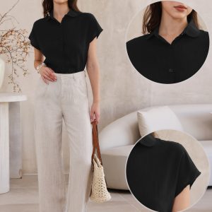 Cotton Linen Button Down Short Sleeve Shirt Black/L - Allegra K catalog