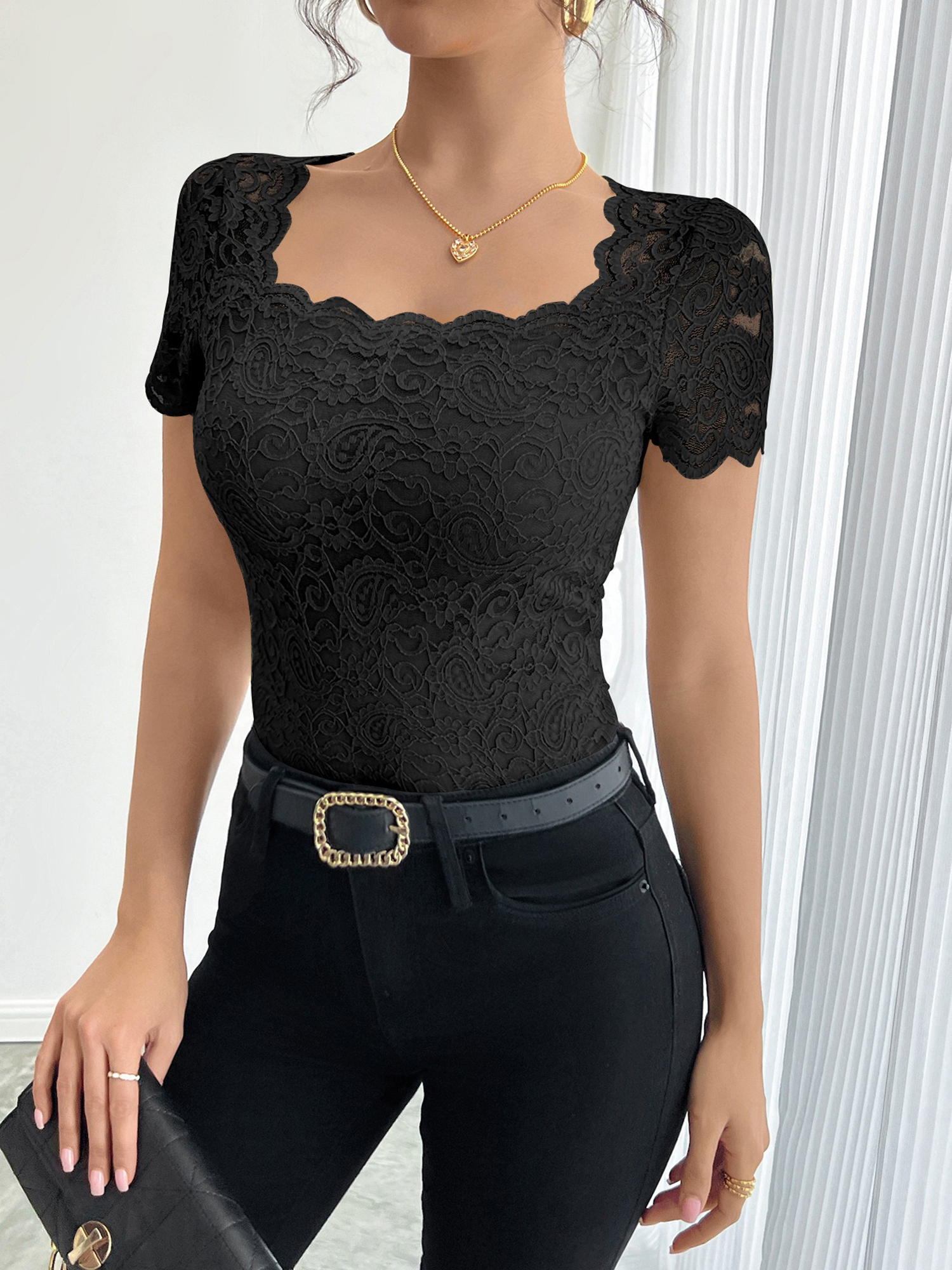 Solid Color Lace Square Neck Short Sleeve Blouse Black/XS - Allegra K catalog