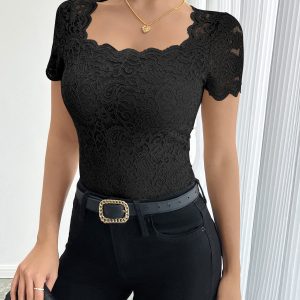 Solid Color Lace Square Neck Short Sleeve Blouse Black/M - Allegra K catalog