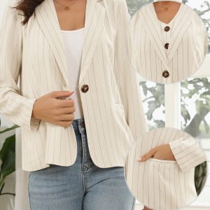 Striped Notched Collar Single Button Office Blazer Beige/M - Allegra K catalog