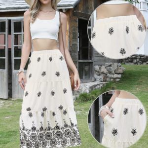 Boho Floral A-Line Tiered Maxi Skirt With Pockets White/S - Allegra K catalog
