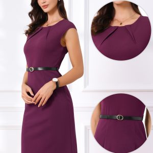 Elegant Business Cap Sleeve Belted Pencil Work Sheath Dress Fuchsia/S - Allegra K catalog