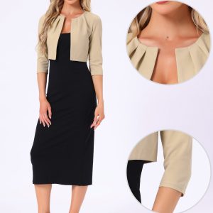 3/4 Sleeve Collarless Pleated Open Front Shrugs Khaki/L - Allegra K catalog