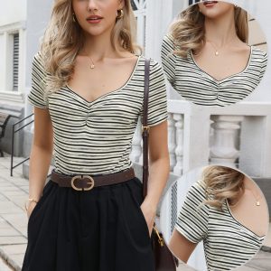 Stripe Sweetheart Neck Short Sleeve Bodysuit Tops Black/XS - Allegra K catalog