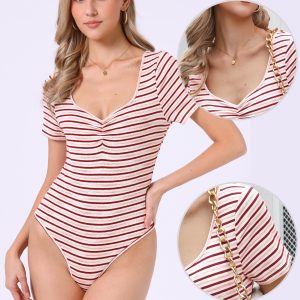 Stripe Sweetheart Neck Short Sleeve Bodysuit Tops Red/M - Allegra K catalog