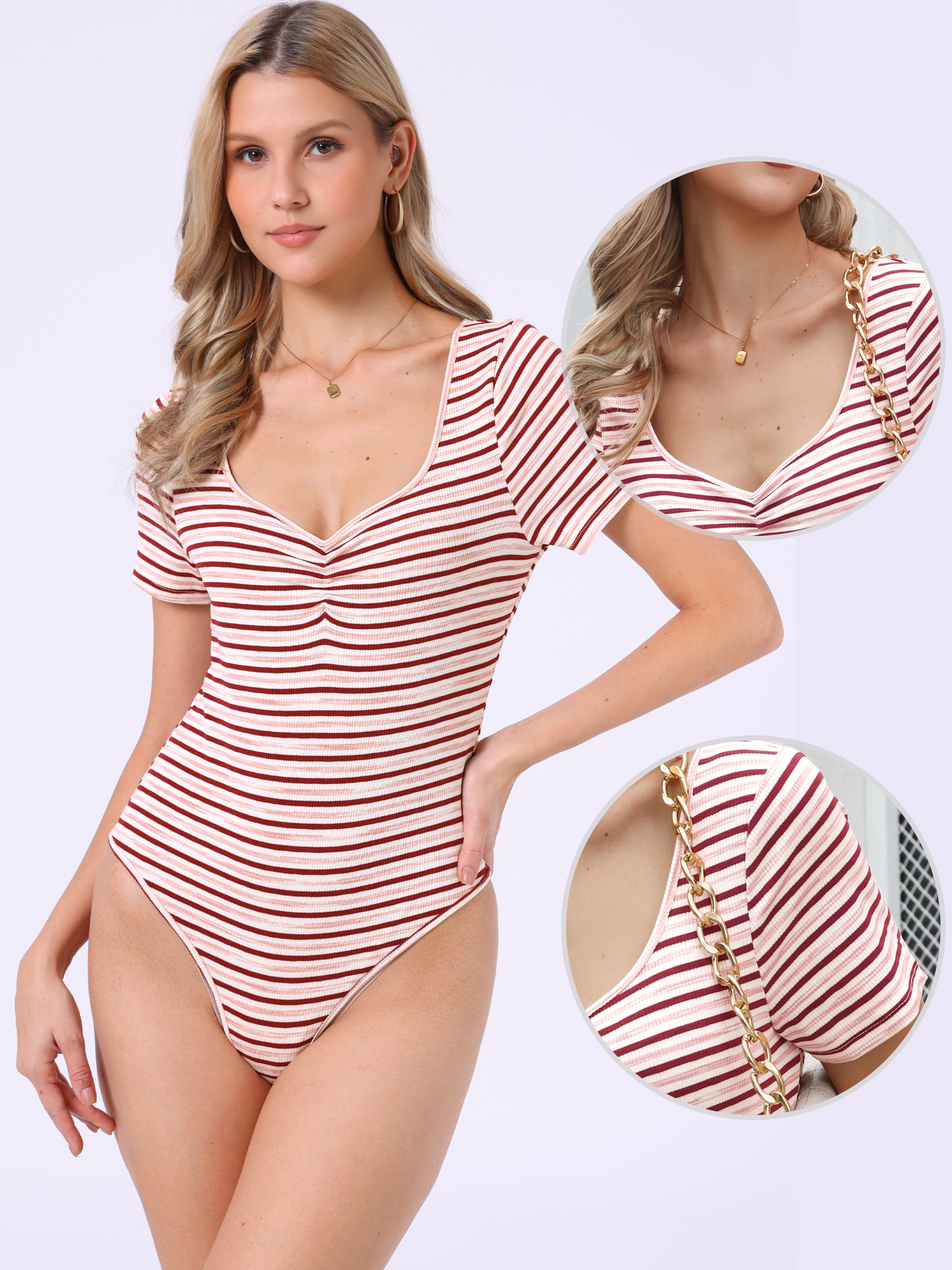 Stripe Sweetheart Neck Short Sleeve Bodysuit Tops Red/M - Allegra K catalog