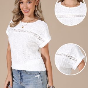 Eyelet Short Sleeve Hollow Out Summer Casual Top White/XL - Allegra K catalog