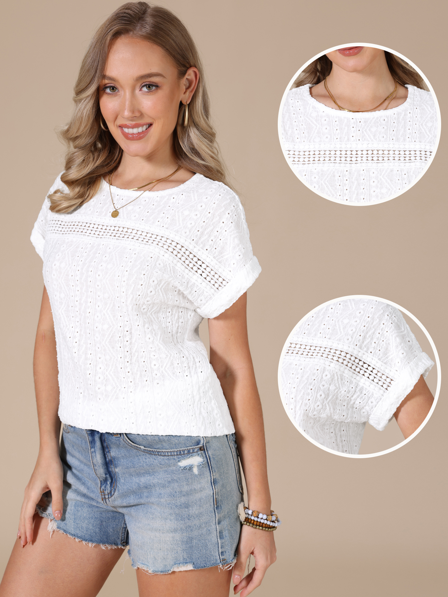 Eyelet Short Sleeve Hollow Out Summer Casual Top White/XL - Allegra K catalog