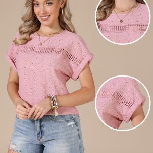 Eyelet Short Sleeve Hollow Out Summer Casual Top Pink/S - Allegra K catalog
