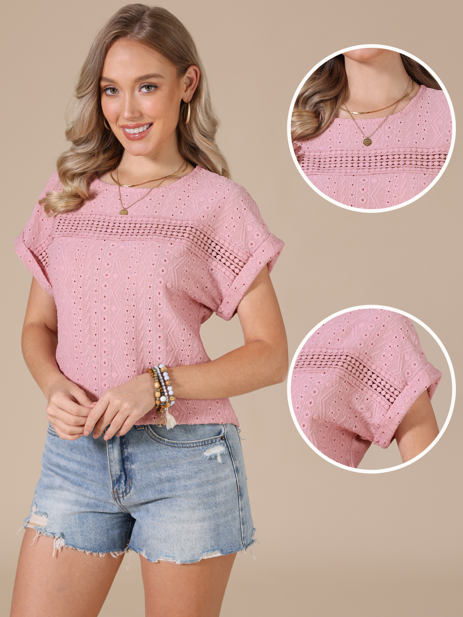 Eyelet Short Sleeve Hollow Out Summer Casual Top Pink/2XL - Allegra K catalog