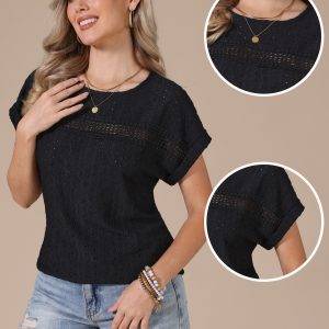 Eyelet Short Sleeve Hollow Out Summer Casual Top Black/S - Allegra K catalog