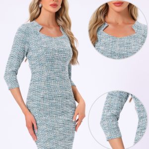Elegant Square Neck 3/4 Sleeve Plaid Tweed Sheath Dress Lake Green/XS - Allegra K catalog