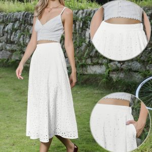 Cotton Eyelet Boho High Waisted A-Line Flowy Midi Skirts White/S - Allegra K catalog