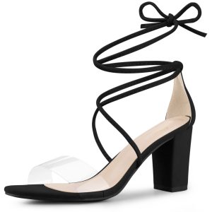 Open Toe Lace Up Clear Strap Block Heel Sandals Dark Black/9 - Allegra K catalog