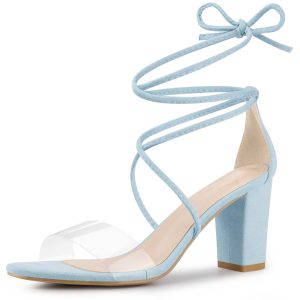 Open Toe Lace Up Clear Strap Block Heel Sandals Light Blue/7 - Allegra K catalog