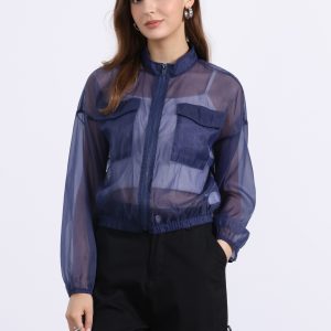 Sheer Zip Up Long Sleeve See Through Bomber Jacket Dark Blue/L - Allegra K catalog