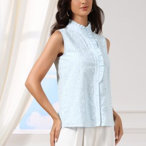 Cotton Eyelet Ruffled Mock Neck Button Down Sleeveless Blouse Light Blue/XS - Allegra K catalog